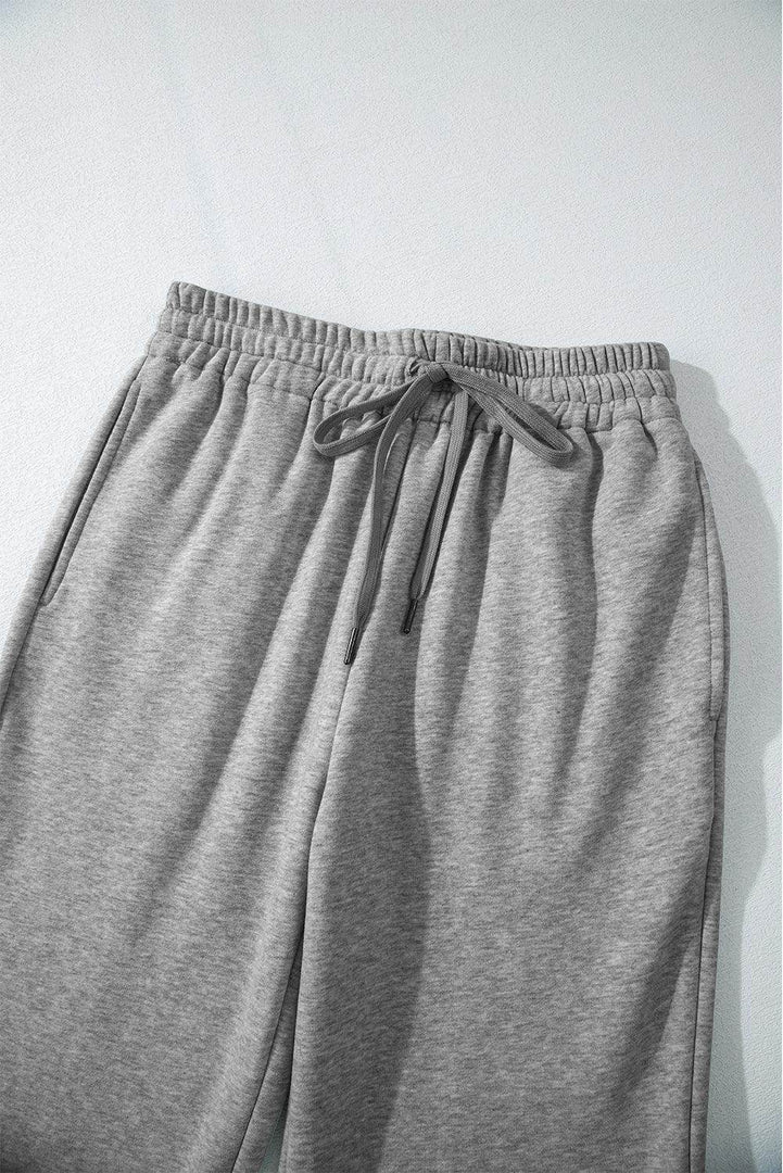 Light Grey Solid Color Fleece Lined Drawstring Waist Casual Pants - Fashion Queen -  16