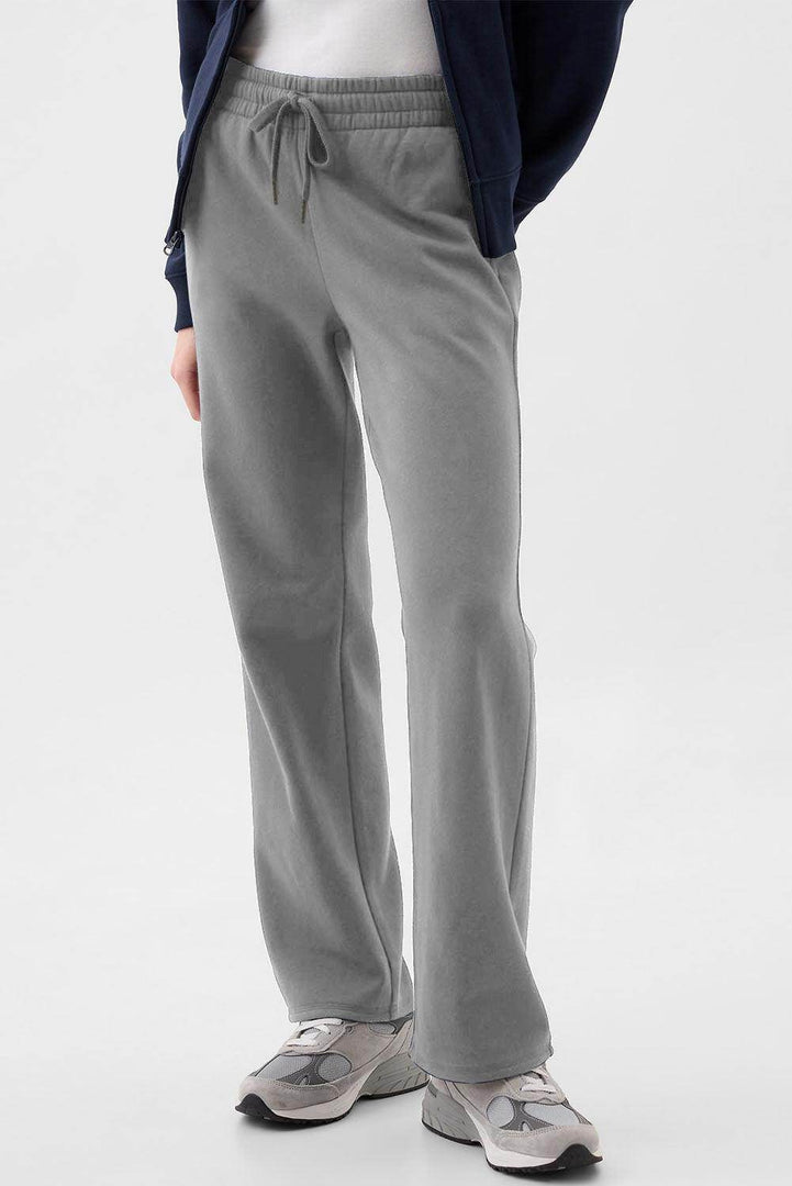 Light Grey Solid Color Fleece Lined Drawstring Waist Casual Pants - Fashion Queen -  3
