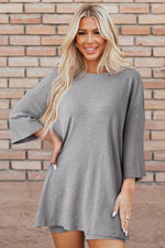 Load image into Gallery viewer, Light Grey Solid Color Loose Tunic Top and Slim Shorts Set - Fashion Queen -  11
