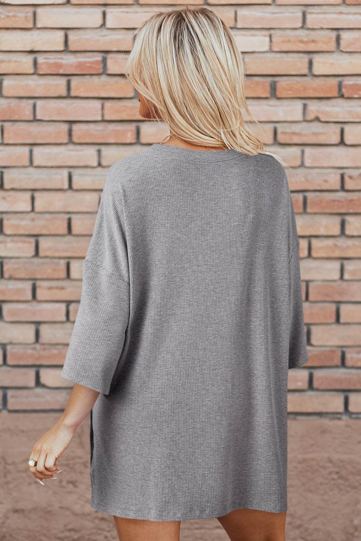 Light Grey Solid Color Loose Tunic Top and Slim Shorts Set - Fashion Queen -  13