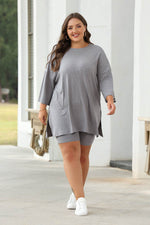 Load image into Gallery viewer, Light Grey Solid Color Loose Tunic Top and Slim Shorts Set - Fashion Queen -  14
