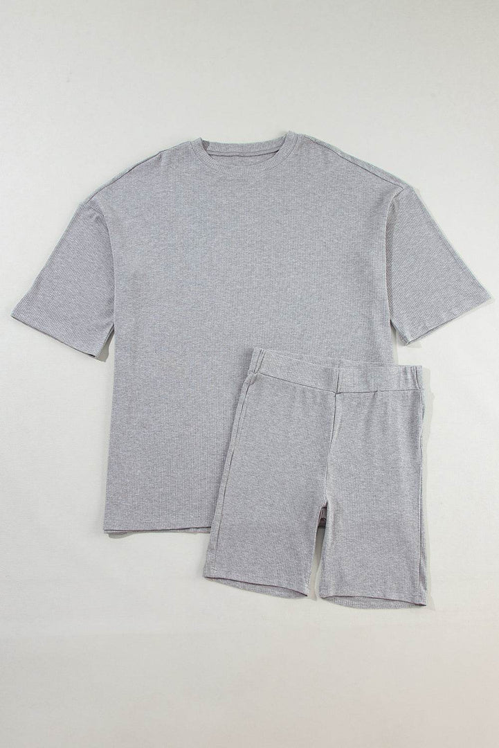 Light Grey Solid Color Loose Tunic Top and Slim Shorts Set - Fashion Queen -  16