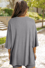 Load image into Gallery viewer, Light Grey Solid Color Loose Tunic Top and Slim Shorts Set - Fashion Queen -  3

