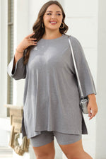 Load image into Gallery viewer, Light Grey Solid Color Loose Tunic Top and Slim Shorts Set - Fashion Queen -  9

