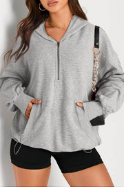 Light Grey Solid Kangaroo Pocket Half Zipper Oversized Hoodie - Fashion Queen -  1