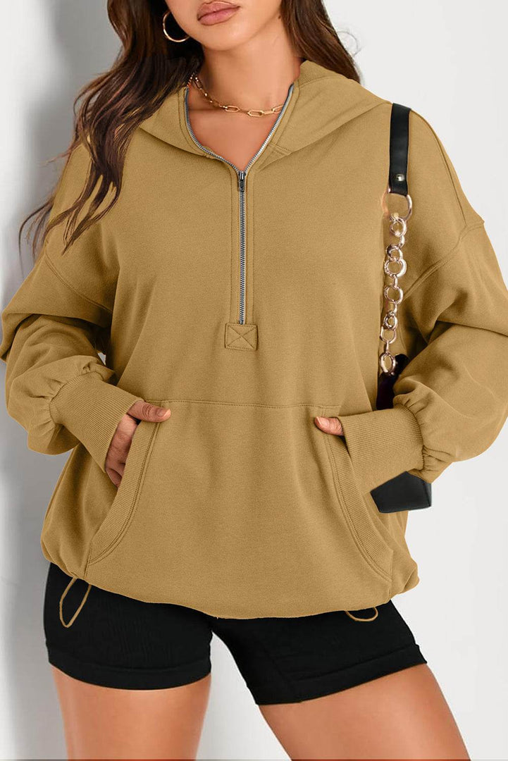 Light Grey Solid Kangaroo Pocket Half Zipper Oversized Hoodie - Fashion Queen -  10