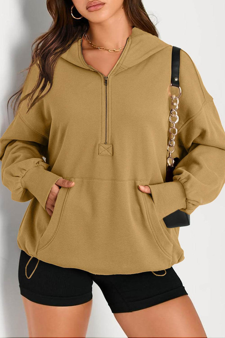 Light Grey Solid Kangaroo Pocket Half Zipper Oversized Hoodie - Fashion Queen -  11