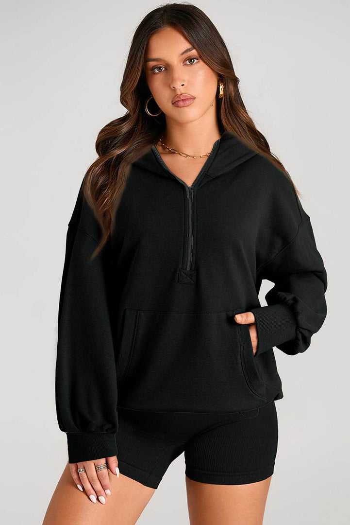Light Grey Solid Kangaroo Pocket Half Zipper Oversized Hoodie - Fashion Queen -  15