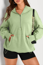 Load image into Gallery viewer, Light Grey Solid Kangaroo Pocket Half Zipper Oversized Hoodie - Fashion Queen -  16
