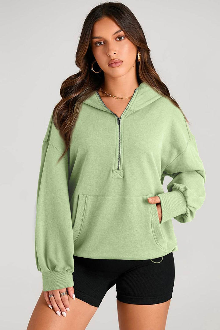 Light Grey Solid Kangaroo Pocket Half Zipper Oversized Hoodie - Fashion Queen -  18