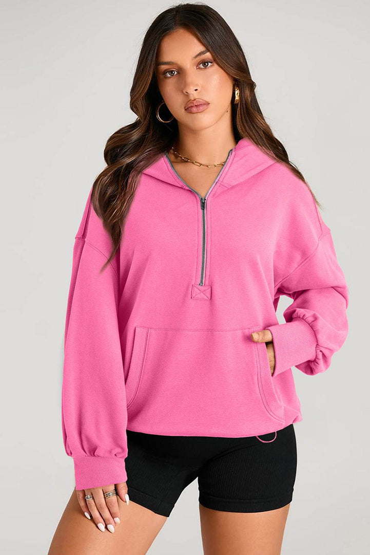 Light Grey Solid Kangaroo Pocket Half Zipper Oversized Hoodie - Fashion Queen -  21