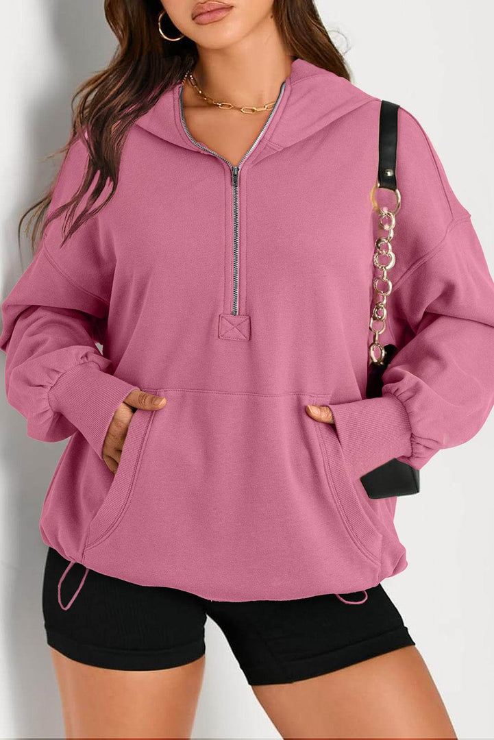 Light Grey Solid Kangaroo Pocket Half Zipper Oversized Hoodie - Fashion Queen -  22