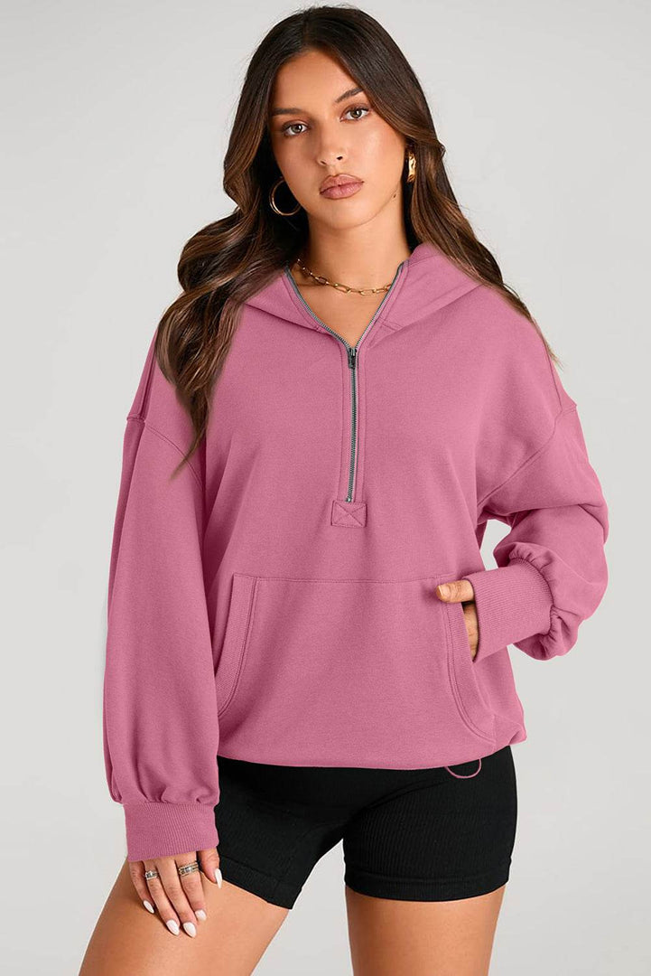 Light Grey Solid Kangaroo Pocket Half Zipper Oversized Hoodie - Fashion Queen -  24