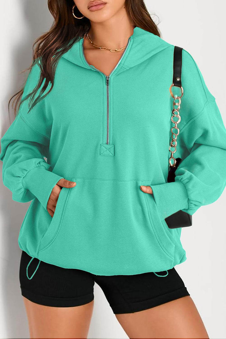 Light Grey Solid Kangaroo Pocket Half Zipper Oversized Hoodie - Fashion Queen -  25