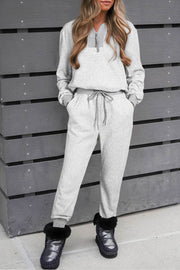 Light Grey Solid Zip Pullover Top and Drawstring Joggers Set - Fashion Queen -  1