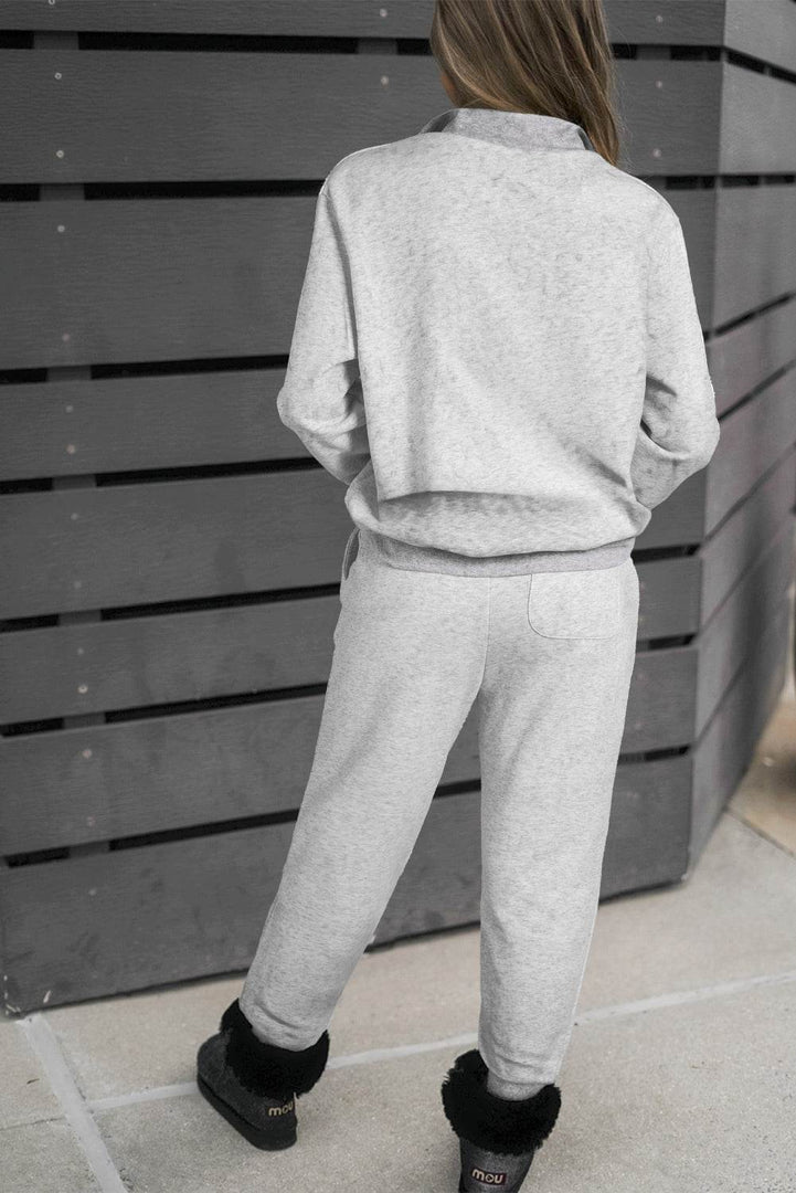 Light Grey Solid Zip Pullover Top and Drawstring Joggers Set - Fashion Queen -  2