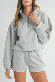 Light Grey Stand Neck Zipped Sweatshirt and Shorts Set - Fashion Queen -  1