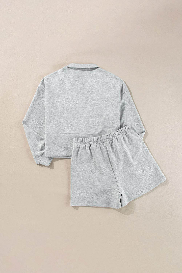 Light Grey Stand Neck Zipped Sweatshirt and Shorts Set - Fashion Queen -  18
