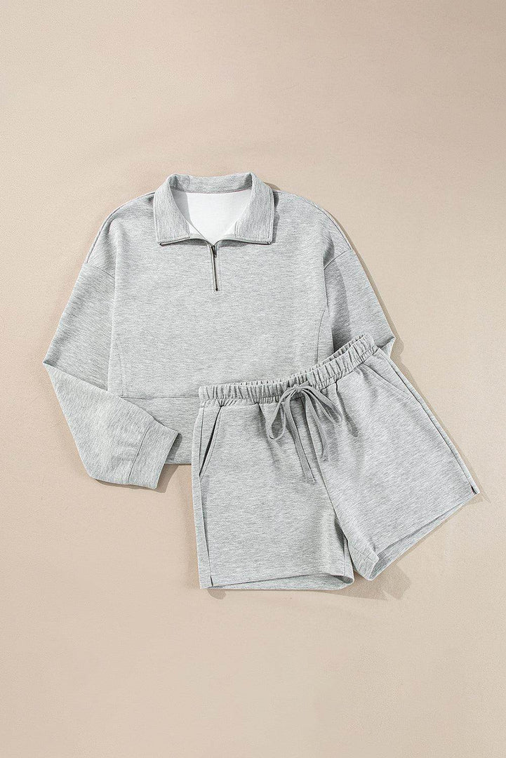 Light Grey Stand Neck Zipped Sweatshirt and Shorts Set - Fashion Queen -  19
