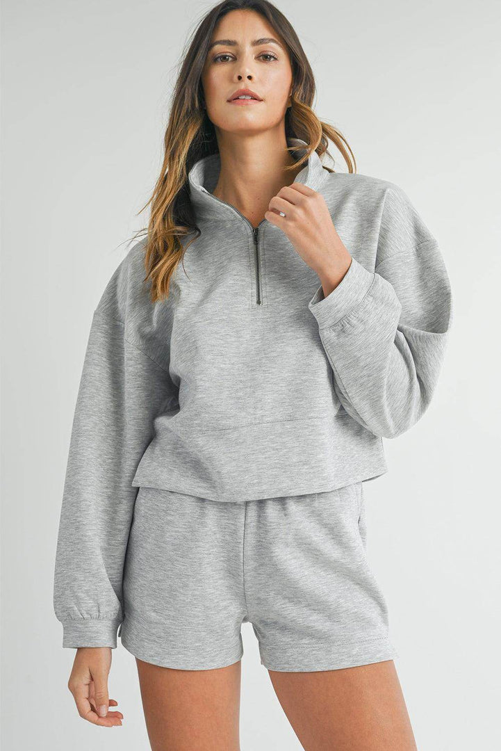 Light Grey Stand Neck Zipped Sweatshirt and Shorts Set - Fashion Queen -  2