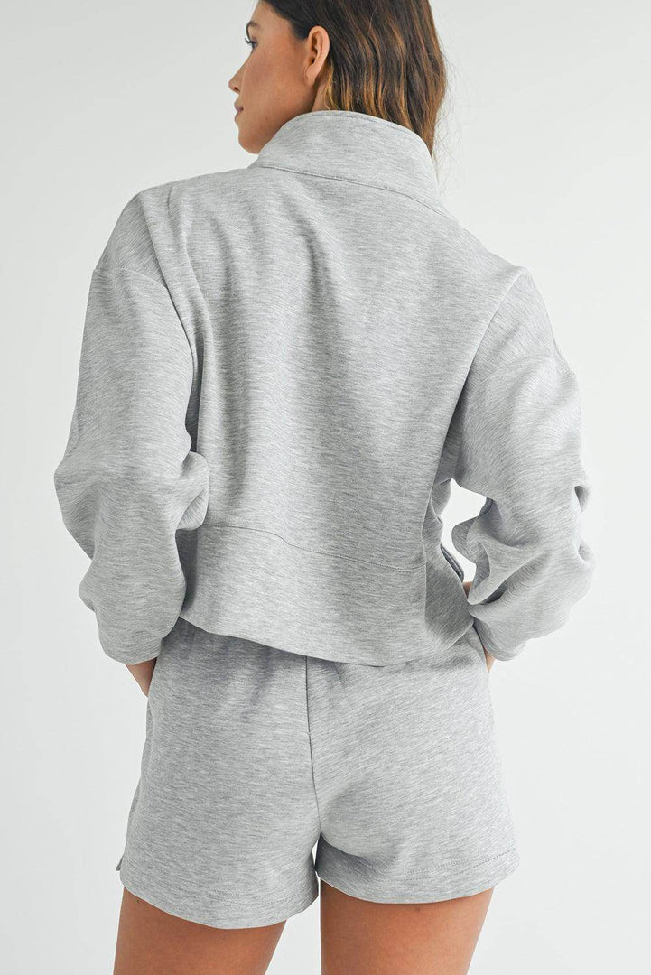Light Grey Stand Neck Zipped Sweatshirt and Shorts Set - Fashion Queen -  4