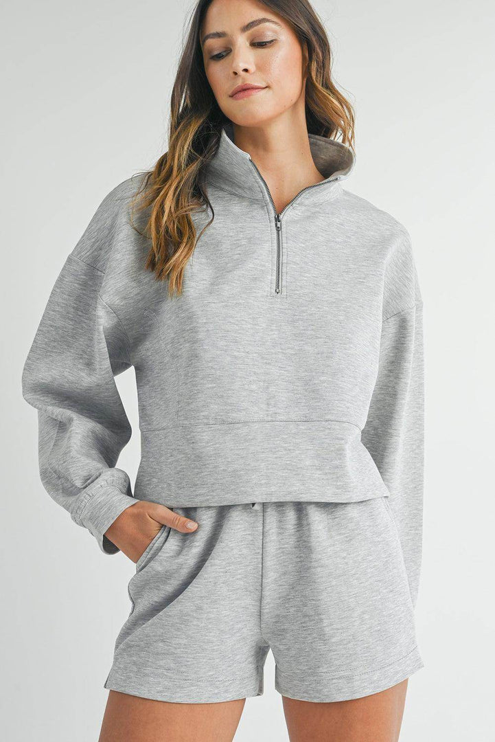 Light Grey Stand Neck Zipped Sweatshirt and Shorts Set - Fashion Queen -  6