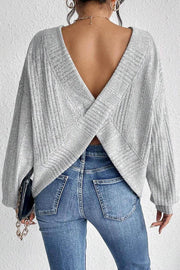 Light Grey Textured Crossover Backless Knit Long Sleeve Top - Fashion Queen -  1