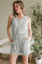 Load image into Gallery viewer, Light Grey Waffle Knit Sleeveless Buttoned Front Drawstring Waist Romper - Fashion Queen -  1
