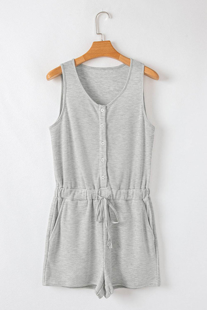 Light Grey Waffle Knit Sleeveless Buttoned Front Drawstring Waist Romper - Fashion Queen -  14