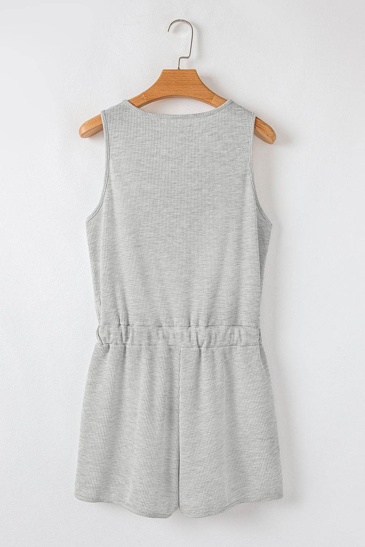 Light Grey Waffle Knit Sleeveless Buttoned Front Drawstring Waist Romper - Fashion Queen -  15