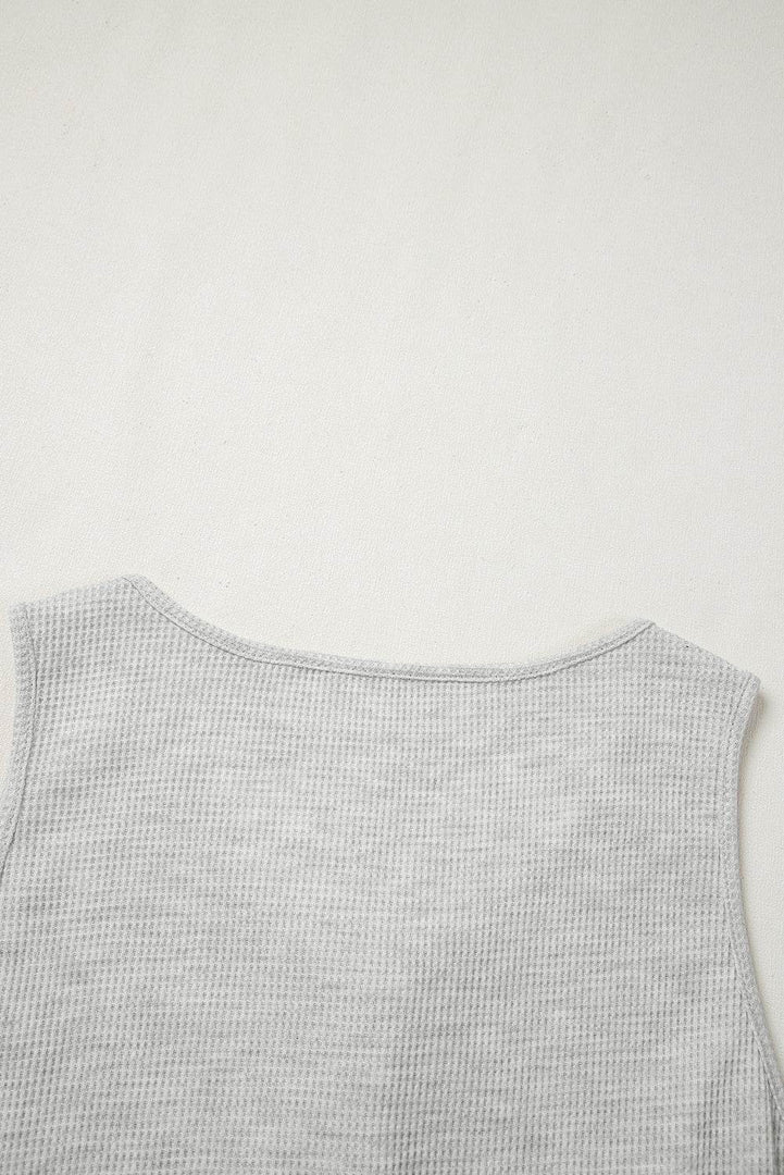 Light Grey Waffle Knit Sleeveless Buttoned Front Drawstring Waist Romper - Fashion Queen -  18