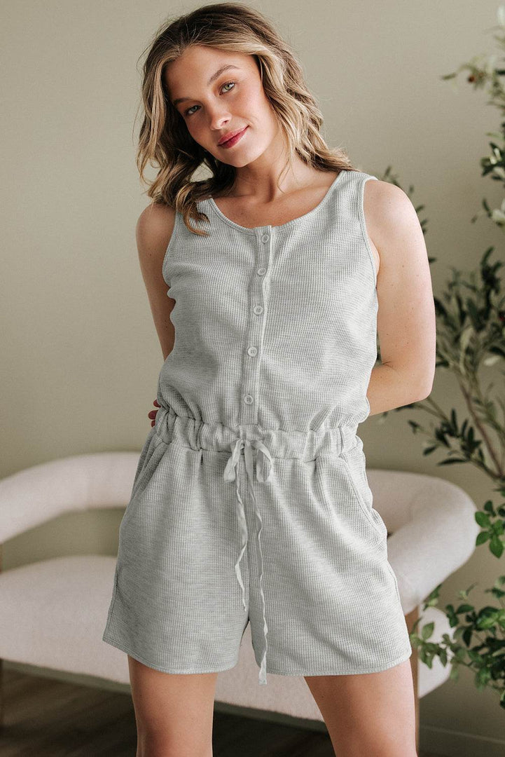 Light Grey Waffle Knit Sleeveless Buttoned Front Drawstring Waist Romper - Fashion Queen -  5