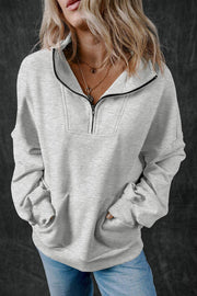 Light Grey Zip-up Stand Neck Kangaroo Pocket Sweatshirt - Fashion Queen -  1