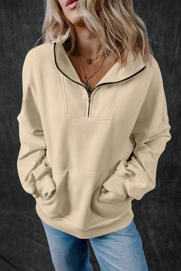 Light Grey Zip-up Stand Neck Kangaroo Pocket Sweatshirt - Fashion Queen -  10