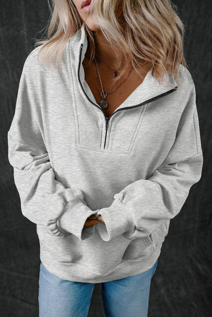 Light Grey Zip-up Stand Neck Kangaroo Pocket Sweatshirt - Fashion Queen -  13