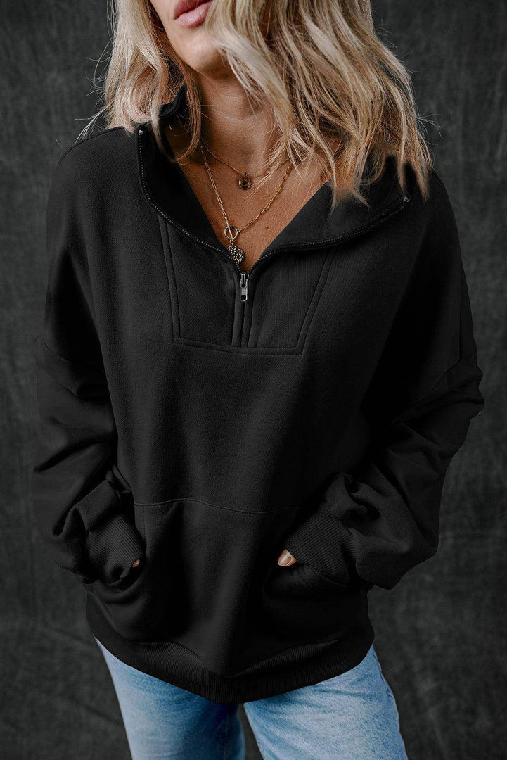 Light Grey Zip-up Stand Neck Kangaroo Pocket Sweatshirt - Fashion Queen -  16
