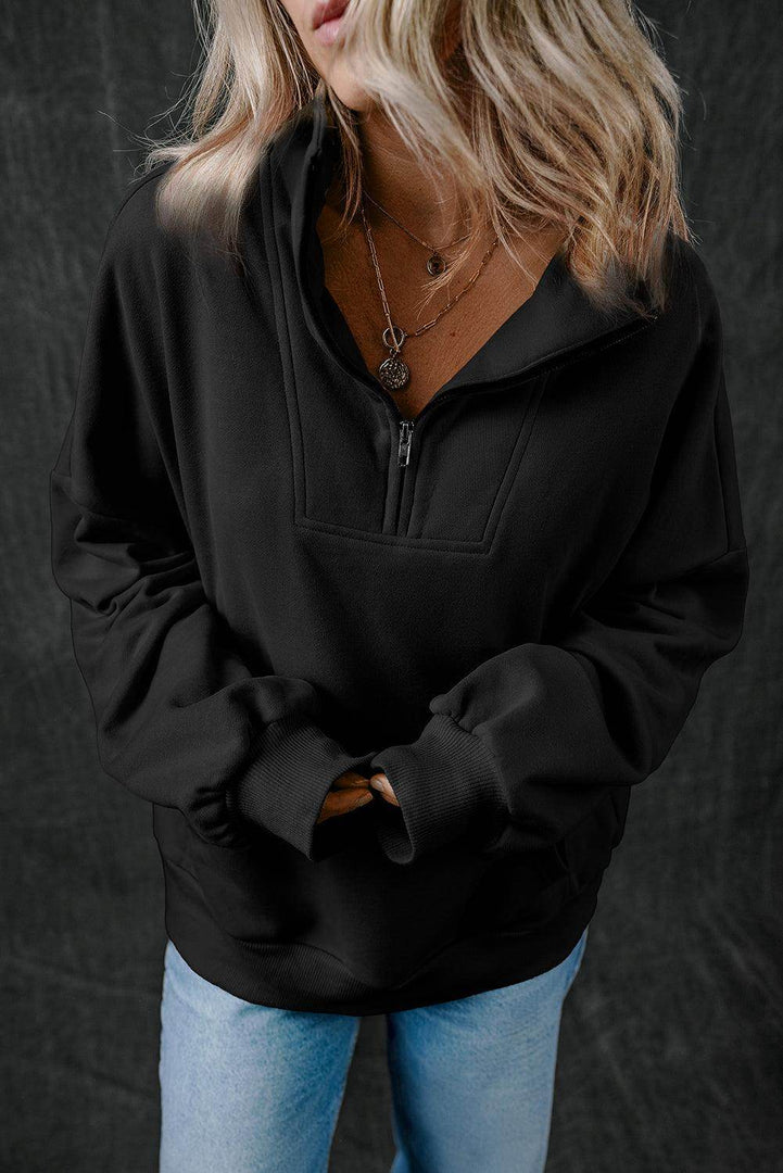 Light Grey Zip-up Stand Neck Kangaroo Pocket Sweatshirt - Fashion Queen -  6