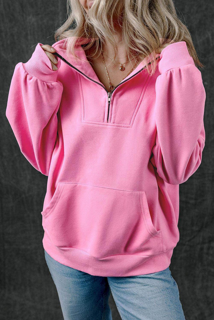 Light Grey Zip-up Stand Neck Kangaroo Pocket Sweatshirt - Fashion Queen -  9
