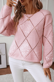 Light Pink Hollowed Rhombus Pattern Sequin Detail Round Neck Sweater - Fashion Queen -  1