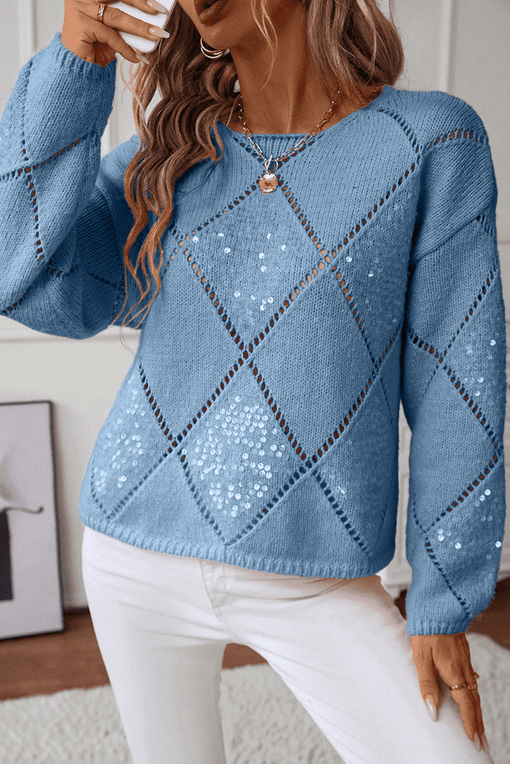 Light Pink Hollowed Rhombus Pattern Sequin Detail Round Neck Sweater - Fashion Queen -  10