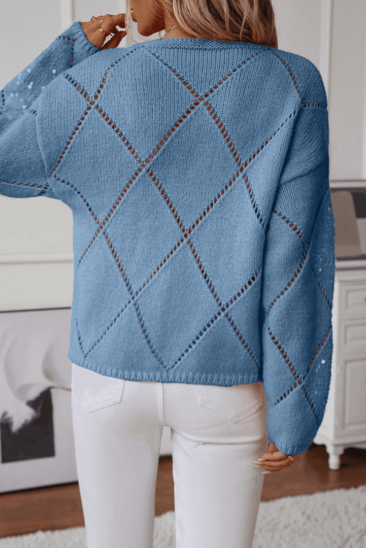 Light Pink Hollowed Rhombus Pattern Sequin Detail Round Neck Sweater - Fashion Queen -  11