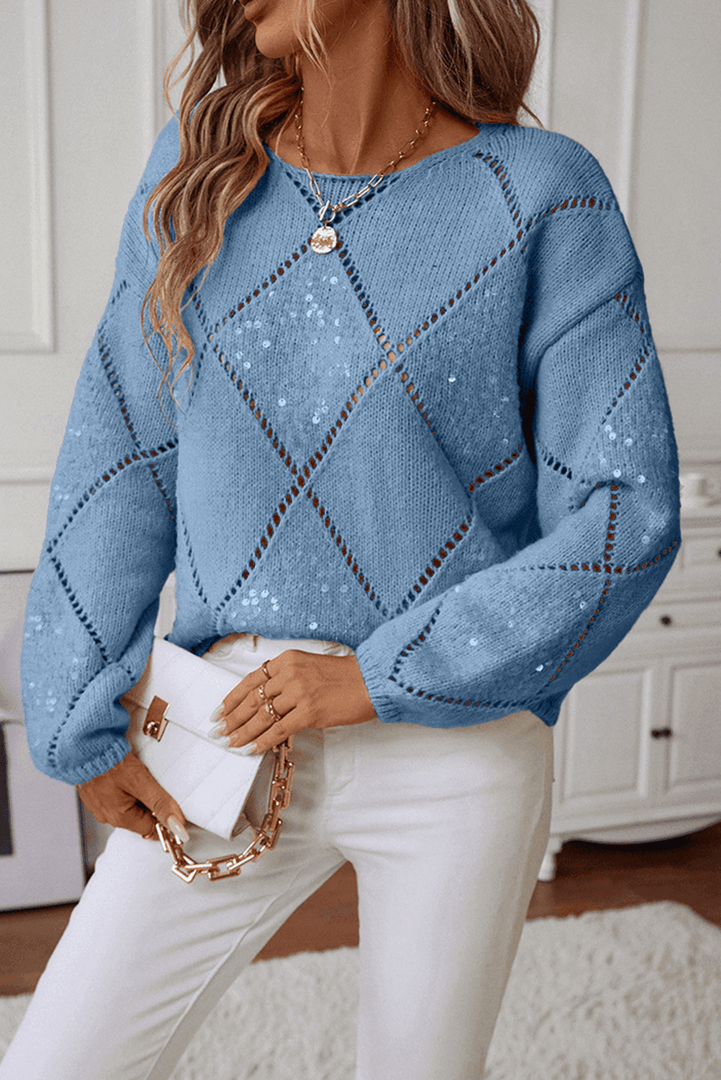 Light Pink Hollowed Rhombus Pattern Sequin Detail Round Neck Sweater - Fashion Queen -  12