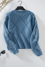 Load image into Gallery viewer, Light Pink Hollowed Rhombus Pattern Sequin Detail Round Neck Sweater - Fashion Queen -  14
