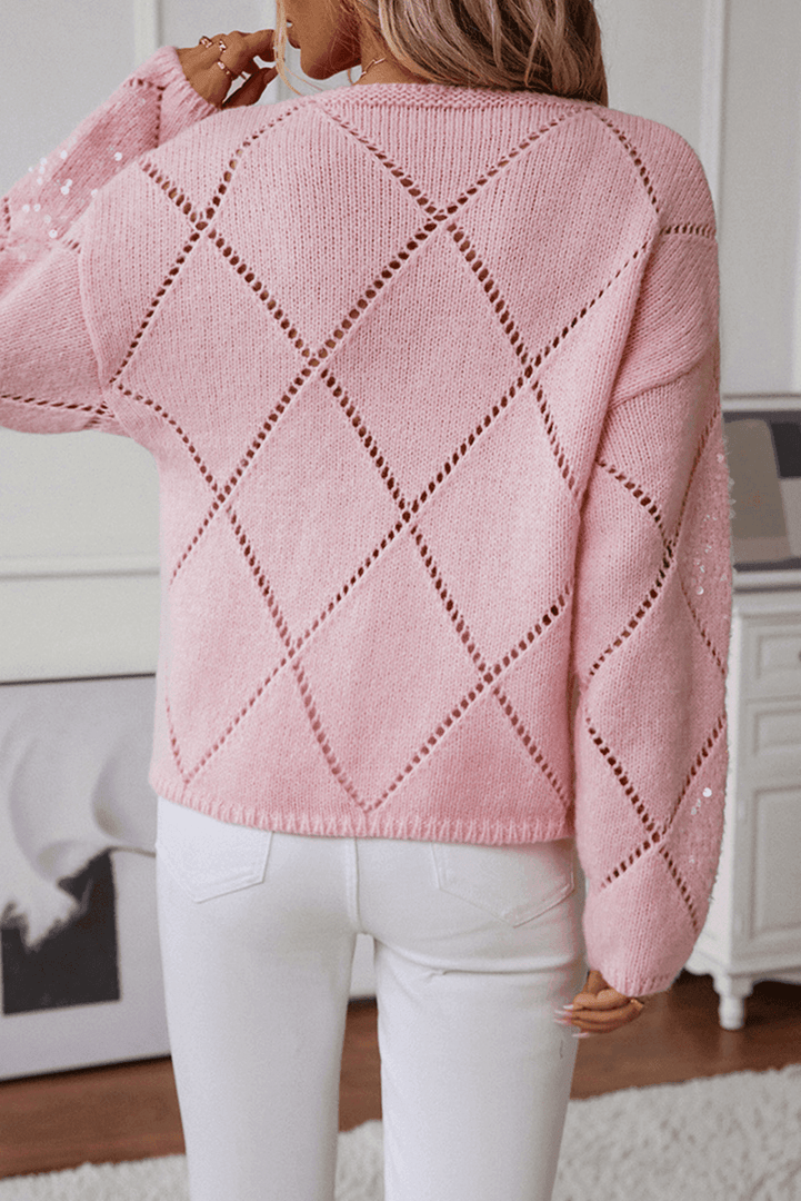 Light Pink Hollowed Rhombus Pattern Sequin Detail Round Neck Sweater - Fashion Queen -  2