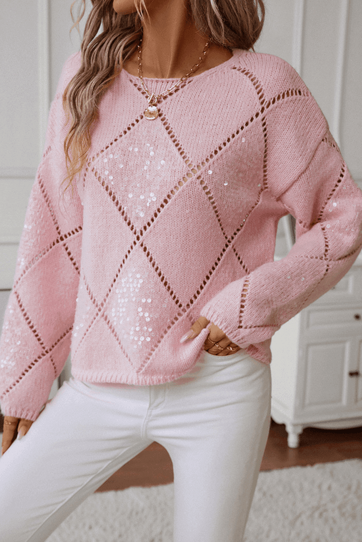 Light Pink Hollowed Rhombus Pattern Sequin Detail Round Neck Sweater - Fashion Queen -  3