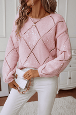 Load image into Gallery viewer, Light Pink Hollowed Rhombus Pattern Sequin Detail Round Neck Sweater - Fashion Queen -  4
