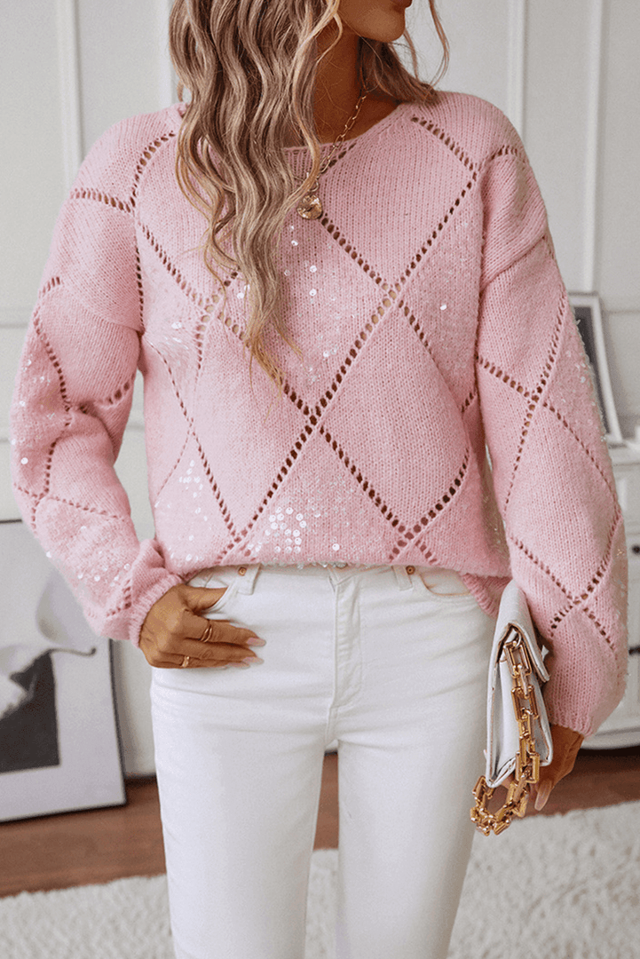 Light Pink Hollowed Rhombus Pattern Sequin Detail Round Neck Sweater - Fashion Queen -  5
