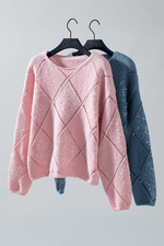 Load image into Gallery viewer, Light Pink Hollowed Rhombus Pattern Sequin Detail Round Neck Sweater - Fashion Queen -  7
