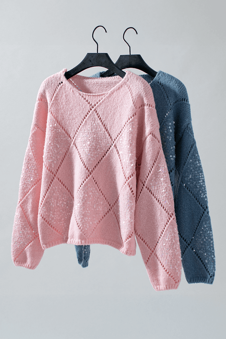 Light Pink Hollowed Rhombus Pattern Sequin Detail Round Neck Sweater - Fashion Queen -  7