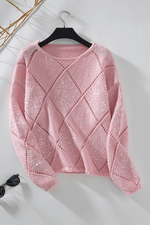 Load image into Gallery viewer, Light Pink Hollowed Rhombus Pattern Sequin Detail Round Neck Sweater - Fashion Queen -  8

